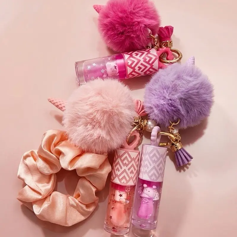 3-Piece Glossy Lip Gloss Bundle Pack with Scrunchie, Gloss Keychain - Daily Cute Gift Set for Makeup Enthusiasts with Shiny Finish, Everyday Use, Shiny Look