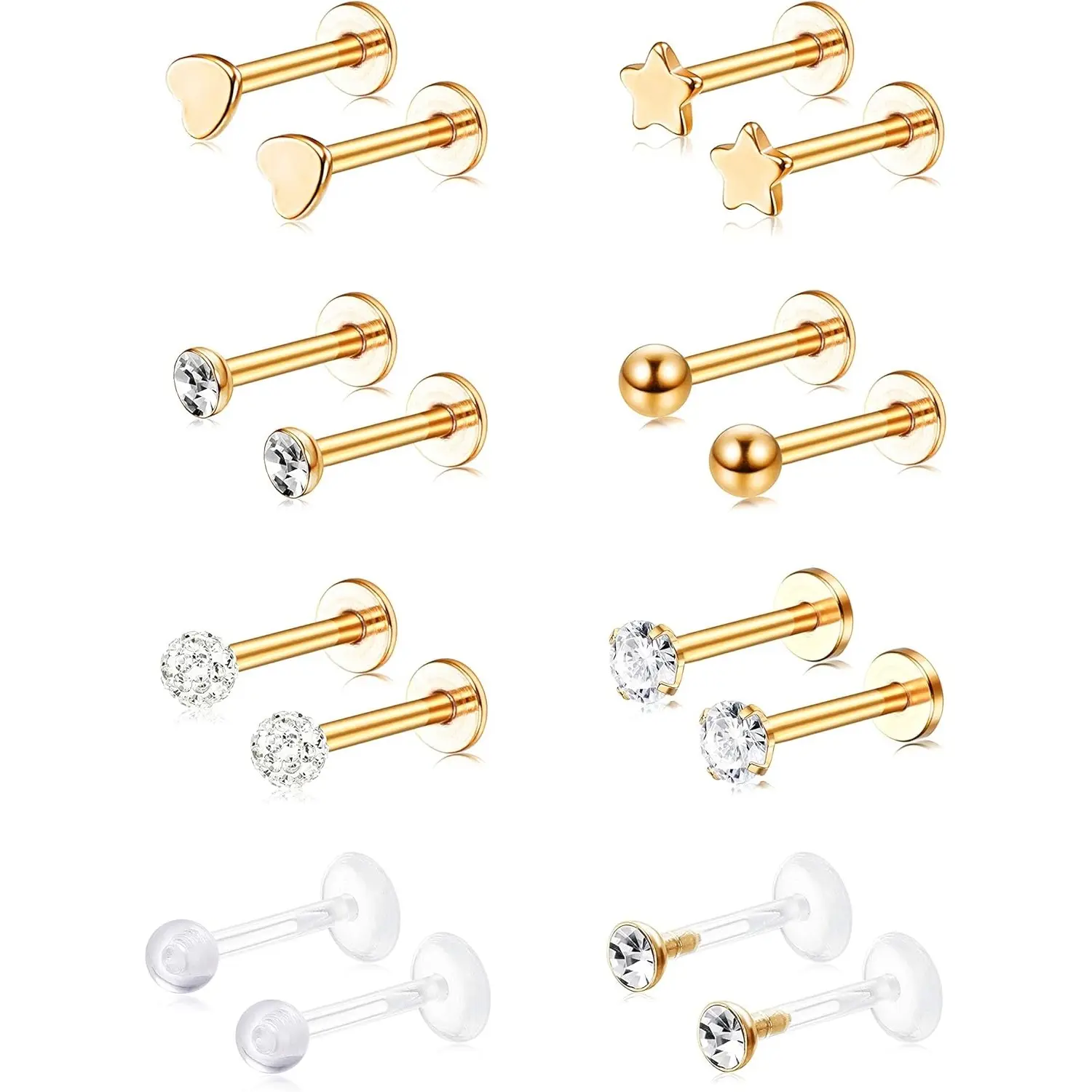 FINREZIO 16 Pcs Golden Transparent Tiny Hypoallergenic Flat Back Stud Earrings for Women Men Clear Acrylic Stainless Steel Piercing Jewelry Set with Cute Heart Star Shining CZ Charms Flexible Lip Labret Cartilage Earrings for Sensitive Skin