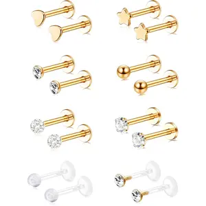 FINREZIO 16 Pcs Golden Transparent Tiny Hypoallergenic Flat Back Stud Earrings for Women Men Clear Acrylic Stainless Steel Piercing Jewelry Set with Cute Heart Star Shining CZ Charms Flexible Lip Labret Cartilage Earrings for Sensitive Skin