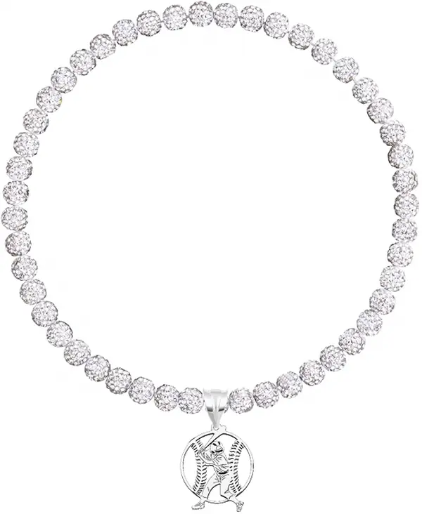 Rhinestone Disco Ball Bead Drip Baseball Necklace + Stainless Steel Baseball Pendant, Silver