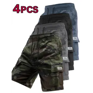 [Casual Cargo Shorts] 4pcs Men's Casual Shorts - Drawstring Waist, Flap Pockets, Label Patches Smooth Texture, No Lining for Summer Outdoor Wear Menswear Polyester hikingshorts men regular fit casual comfy short below  the  knee  shorts