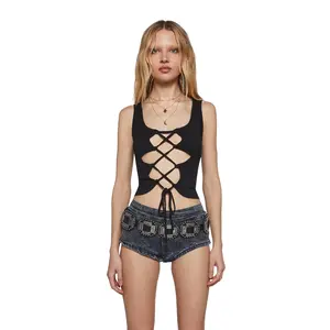 Celestial Bass Lace Up Crop Top - Black