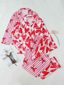 Women's Bowknot & Heart Print Lapel Neck Pajama Set, Long Sleeve Open Front Top & Pants Pj Set, Women's Sleepwear for Spring & Fall, Pajamas Sleepwear, Pajama Sets Women