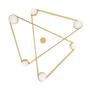 6-Light Orbit Chandelier with Geometric Lines and Opal Glass Diffusers in Polished Nickel or Aged Brass