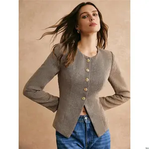 Poeselle Gold And Lining Delicate With Jacket Long Herringbone é Po selle Khaki Tweed Front Metallic Buttons Waisted Sleeve Slit At Hem