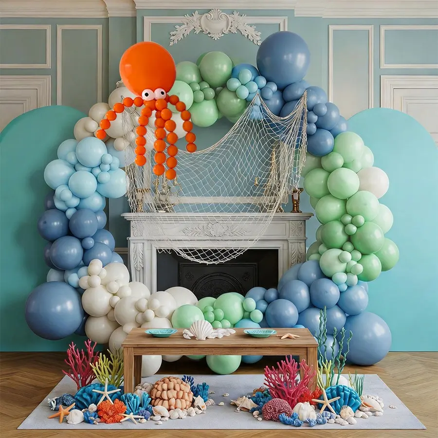 176pcs Ocean Theme Balloon Arch Set, Balloon Garland, Blue Sand Latex Balloons, DIY Octopus Shape, Perfect for Kids Birthday Party, Summer Beach Party, Party Balloons Decorations, Balloon Party Supplies
