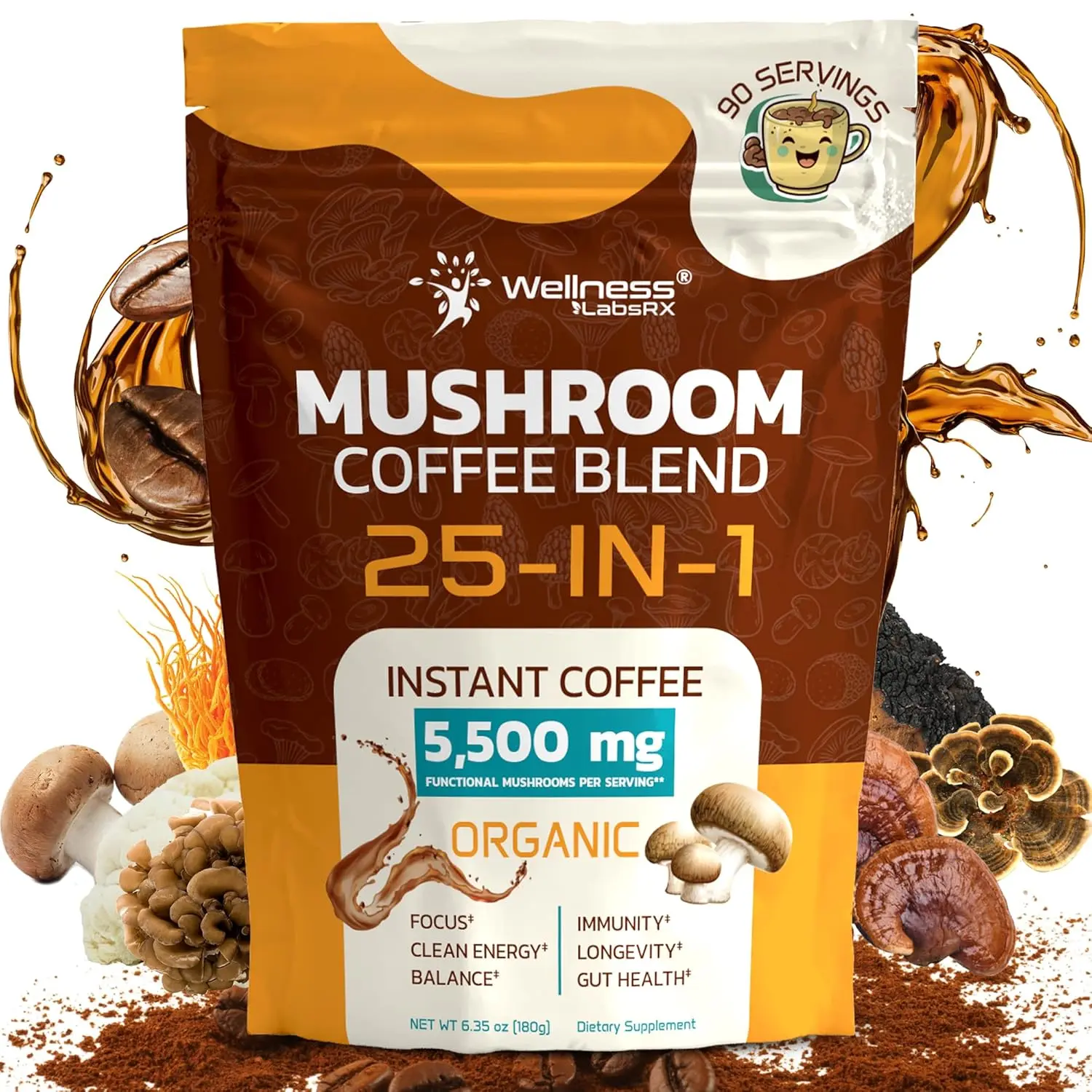 Organic Instant Mushroom Coffee, 25-in-1 Lion's Mane, Reishi, Chaga & Cordyceps Blend, 90 Servings - Keto & Gut Health Focus Support, Smooth Rich Taste