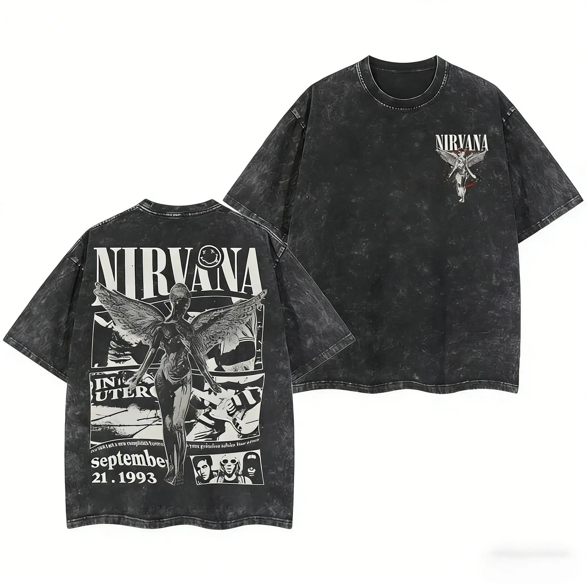 Retro Limited Nirvana Band Tour Black 2 Sided Vintage Graphic Tee Unisex Oversized Rock Band Washed Heavyweight Premium Cotton T Shirt Streetwear Casual Loose Fit Top Gift For Rock Music Lovers