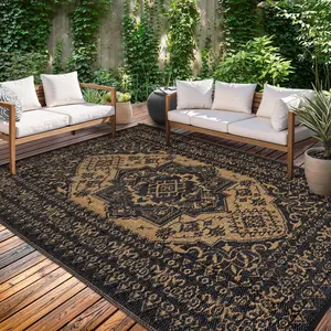 Outdoor Patio Rugs 9x18 Waterproof Reversible Plastic Straw Mat, Large Vintage Medallion Boho Area Rug Indoor Outdoor Rugs for Deck, Balcony, Pool, Camping, Beach, Picnic, Porch, RV,Black&Brown