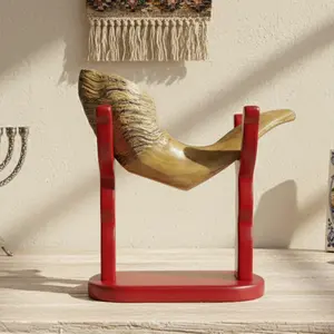 Hand-Polished Resin Ram’s Horn Shofar Replica Set, Traditional Judaism Religious Decoration with Wooden Stand, 9.84" Ornament-Only Room Decor (Not Blowable Home Supplies)