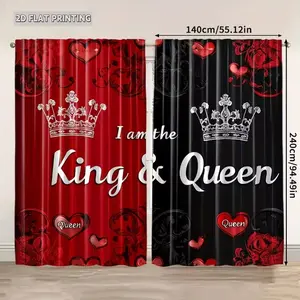 2 pieces, 2D flat, king and queen theme curtains, 100% polyester, transparent curtains, rod design, semi-blackout, suitable for bedroom and living room study home decoration, suitable for Christmas curtains