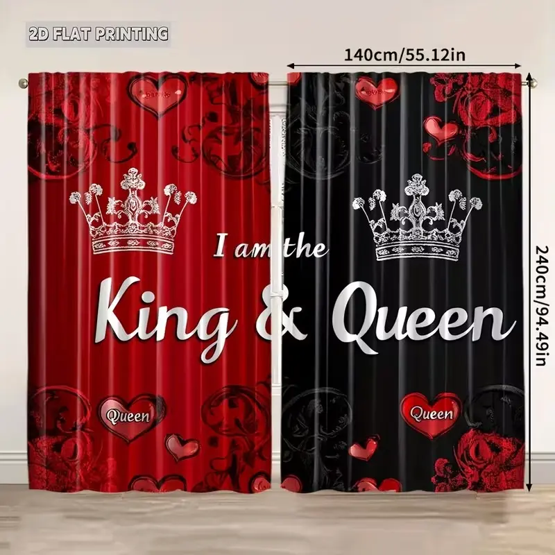 2 pieces, 2D flat, king and queen theme curtains, 100% polyester, transparent curtains, rod design, semi-blackout, suitable for bedroom and living room study home decoration, suitable for Christmas curtains, Home Decorative Curtain, Window Curtain