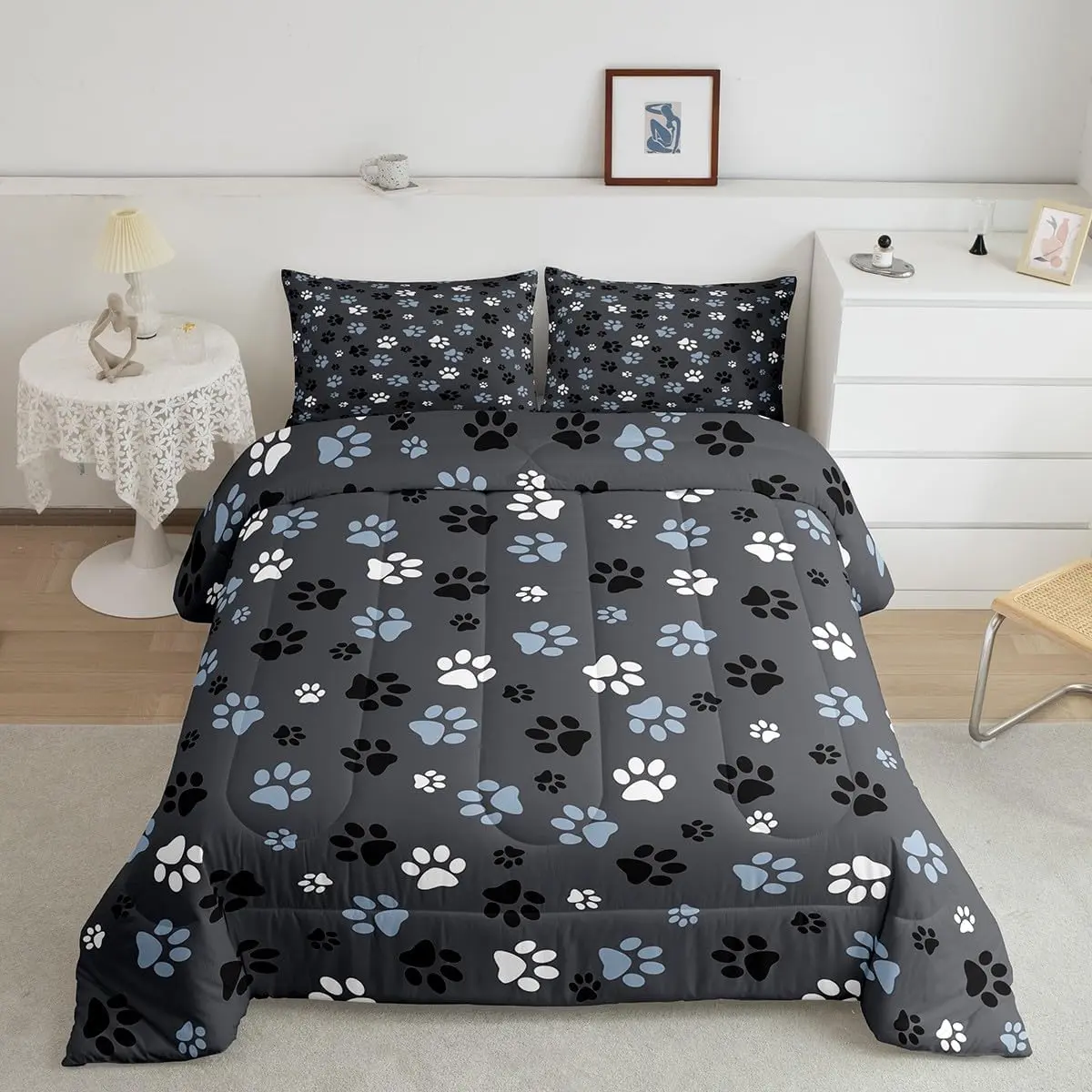 Feelyou Full Size 3-Piece Breathable Microfiber Bedding Quilt Set - Blue Grey Kawaii Dog Paw Print Character Duvet, Animal-Themed Household Decorative Bedding for Stylish Bedroom, Animals Character Duvets & Sets