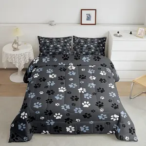 Dog Paw Comforter Set,Kawaii Dog Comforter,Full Size Dog Animals Print Bedding Set,Bedroom Decor Blue Grey Duvet Set,Bedroom Home Decor Quilt Set,3Pcs