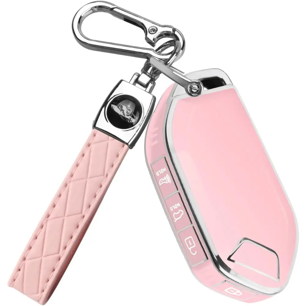Key fob Cover For Kia, Soft TPU 360° Car Key Case Protector With Leather Keychain For Kia Telluride 2023/2024 5 Buttons Smart Key (Pink)