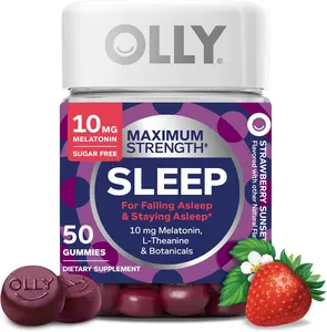 OLLY Max Strength Sleep Gummy, 10mg Melatonin, L-Theanine, Chamomile, Lemon Balm, Sugar Free, Vegetarian Sleep Aid, Strawberry - 50 Count