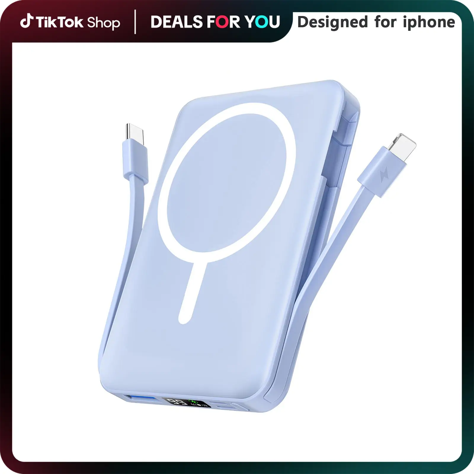 Podoru for iPhone Power Bank, for MagSafe Battery Pack 10000mAh Magnetic Travel Charger Built-in USB-C Lighting Cable for iPhone16/15/14/13/12 Series