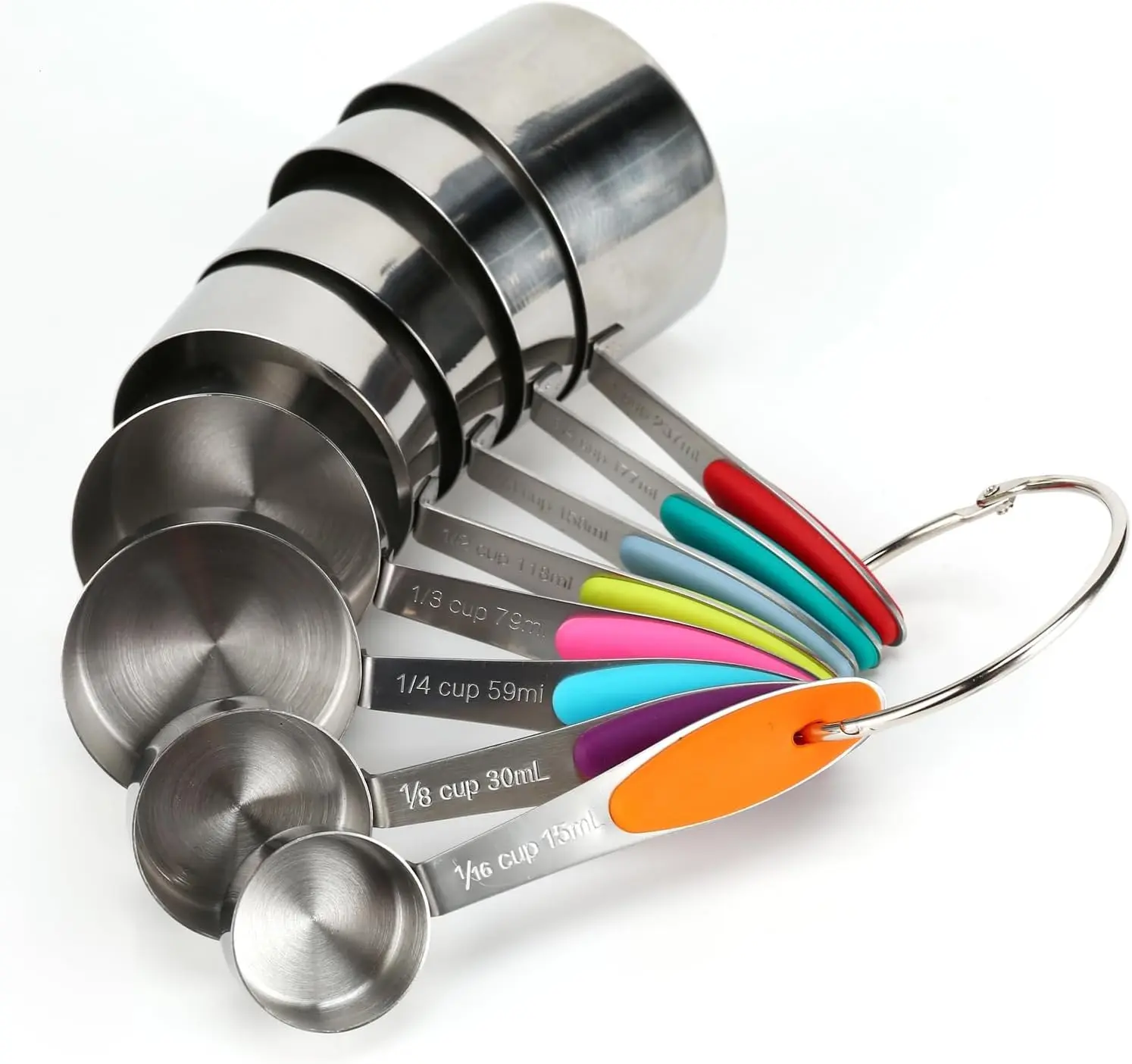 Stainless steel 8 piece dry measuring cups set metal baking cooking | Food grade rustproof 8 piece dry metal measuring cups set laser etched markings nesting detachable ring dishwasher safe