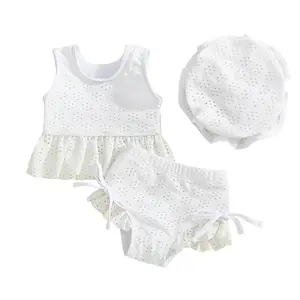 Meihuida Summer Swim Suit Baby Girl Purple White Pink Swimsuit Toddler Girl Solid Bathing Suit Infant 3Pcs Bikini Set
