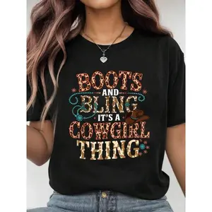 Cowgirl Boots, Bling, And Western Cowgirl Hat Design T-Shirt for Women Men Cotton Clothing