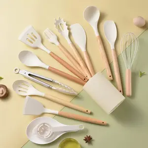 14 Pcs Silicone Cooking Utensils Set, Heat Resistant Spatula Turner, Wooden Spoons, Kitchen Gadget Tools, Kitchen Cooking Accessories for Nonstick Cookware