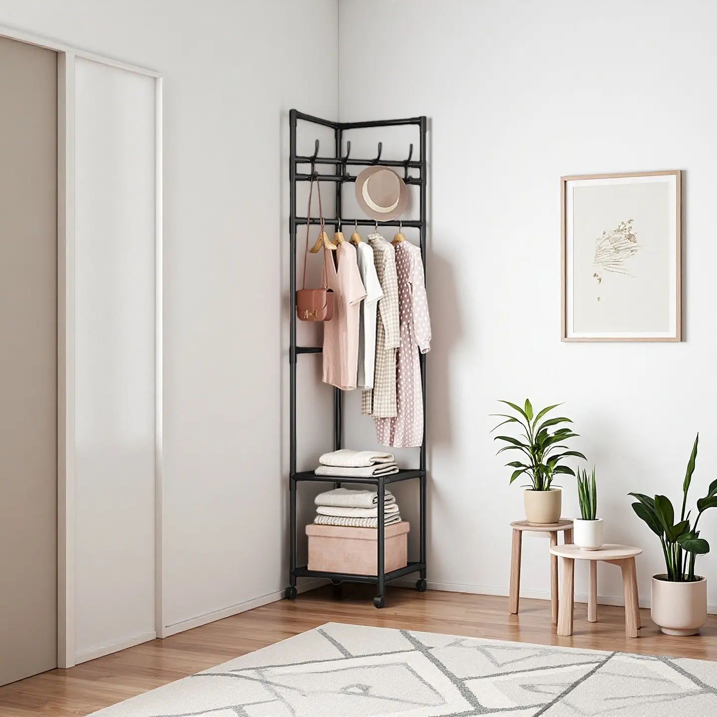 SUOERNUO Black/White 2-Tier Freestanding Metal Corner Coat Rack, Clothes Organizer with 4 Hooks, Storage Shelves, 360° Swivel Wheels – Furniture for Home Decor, Closet & Small Room Organization (Bedroom/Entryway)