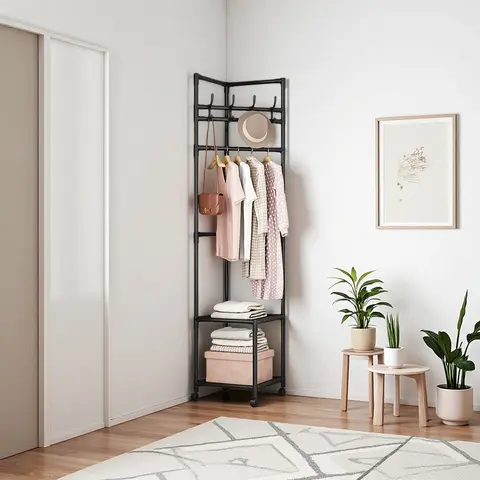 LINZINAR Black/White 2-Tiered Wheeled Freestanding Metal Corner Coat Racks Organiser, 360° Rotatable Swivel Wheels, 4 Hooks, Non-Woven Utility Shelves, Space-Saving Stand-Alone Floor Stand Coat Racks for Bedroom/Entryway