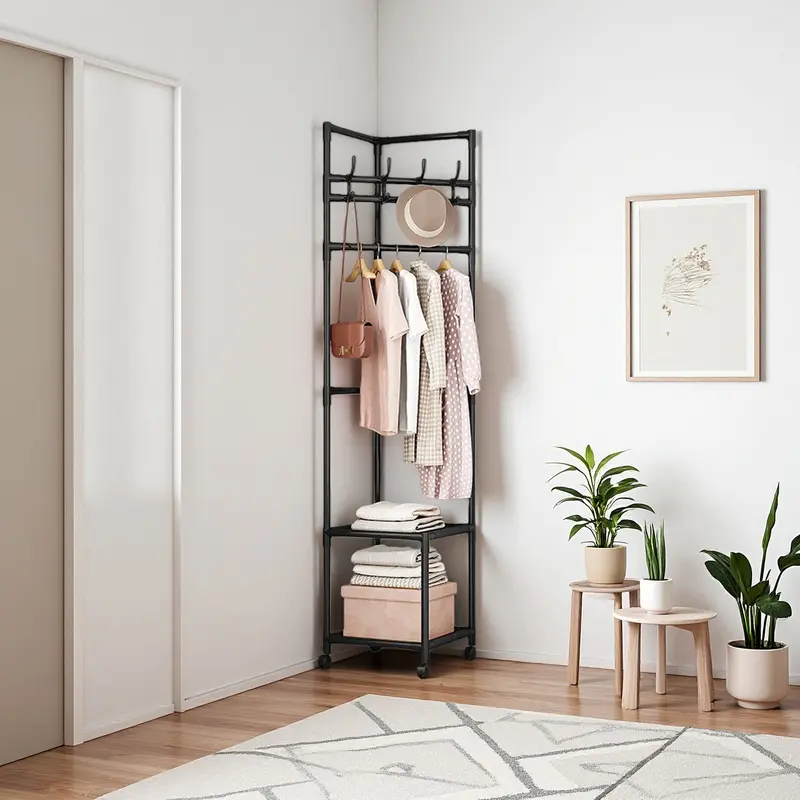 SUOERNUO Corner Metal Frame Floor Standing Vertical Multi-Compartment Coat Rack - Freestanding No Drilling 2-Tier Indoor Furniture, 4 Hooks, Storage Shelves, 360° Swivel Wheels, Rolls to Empty Spots, Entryway Use, Floor Standing Coat Racks