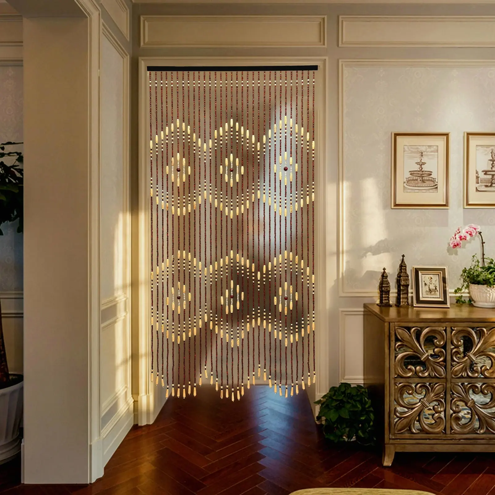 Natural Wooden Beads 1-Piece Geometric Door Curtain - Curtain & Blind Accessory for Doorway Front Door, Room Decor, House Decor