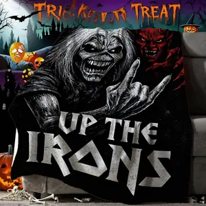 Iron Maiden Theme Blanket, Classic Up the Irons Slogan, Rock Characters & Demonic Images, Wall Decor, Perfect for Halloween Fans