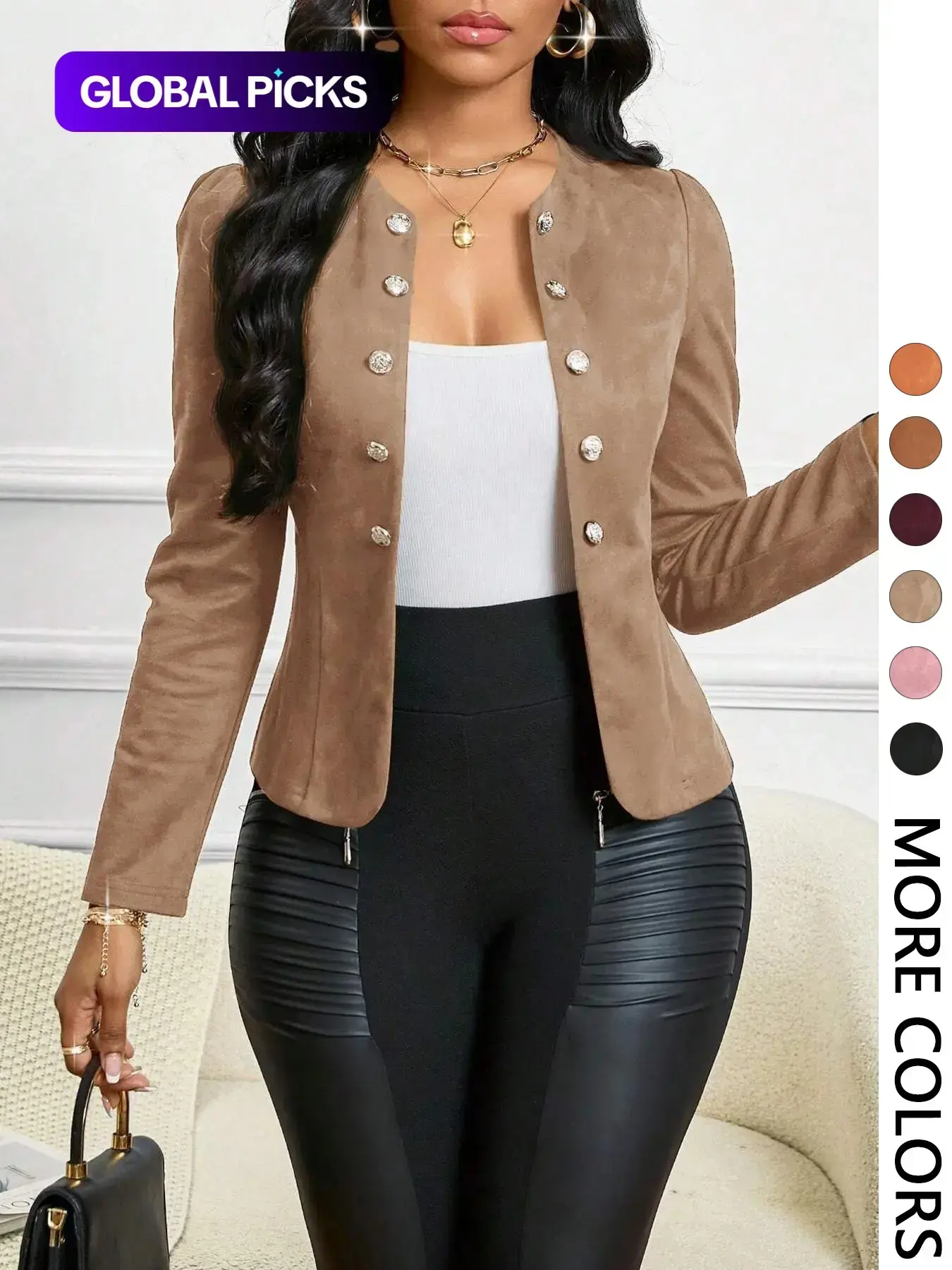 Women's Tan Suede Pearl Button Blazer, Faux Suede Fabric & Decorative Pearl Buttons & Puff Shoulders & Tailored Fit & Multiple Color Options 1pc  Napoleon/Hussar Jacket