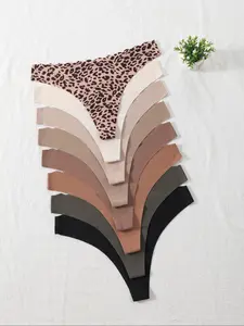 Women's Solid & Leopard Print Scallop Trim Nylon Thong, Breathable Comfortable Casual Panty for Daily Wear, Ladies Underwear for All Seasons