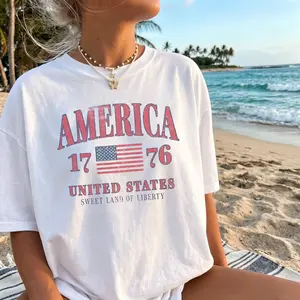 1776-Retro America 4th Of July Shirt Preppy Fourth of July Tshirt Trendy Oversized USA Tee Aesthetic Patriotic Shirt Cute Summer