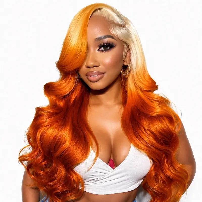 24inch 613 Blonde Ombre Highlight Ginger Orange body wave 13x4 Transparent Lace Front Human Hair Wigs 250%
