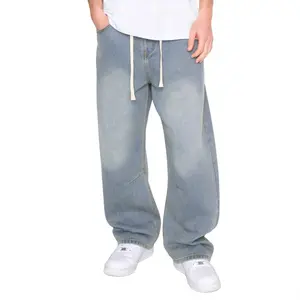 Men’s denim jeans — vintage washed straight-leg fit, drawstring design for easy pull-on and versatile casual wear; regular-season everyday long pants
