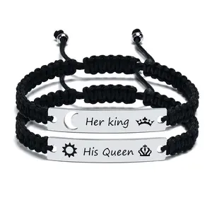 Stainless steel couple's bracelet set with curved plates, moon cutouts, and adjustable woven design.