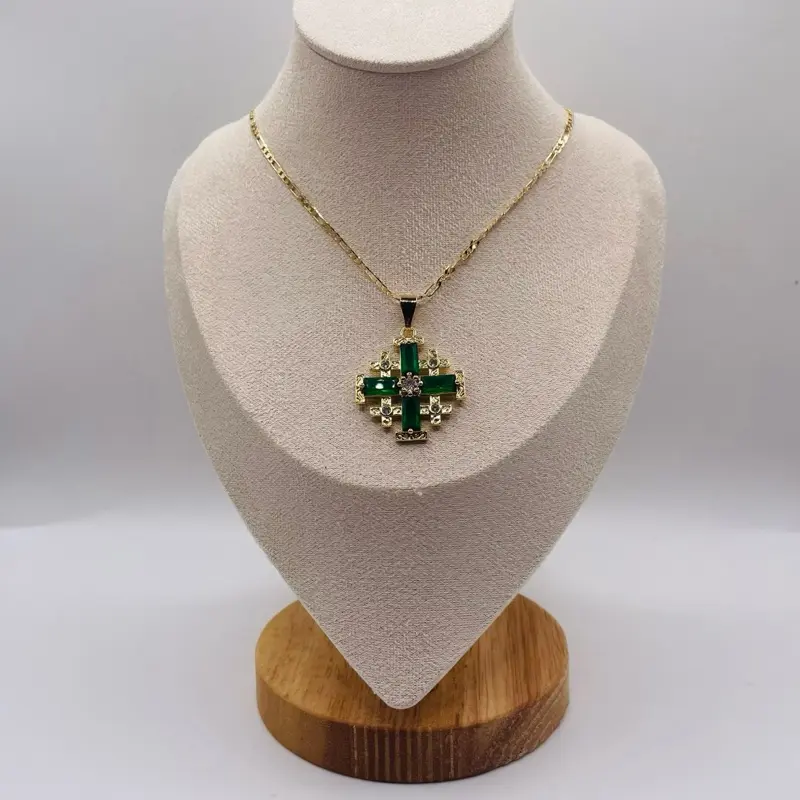Jerusalem Cross Necklace - Green 18 karat gold plated HOT Gift Mother's Day Valentine's Day Christmas Taurus Anniversary Auspicious Birthday Daily