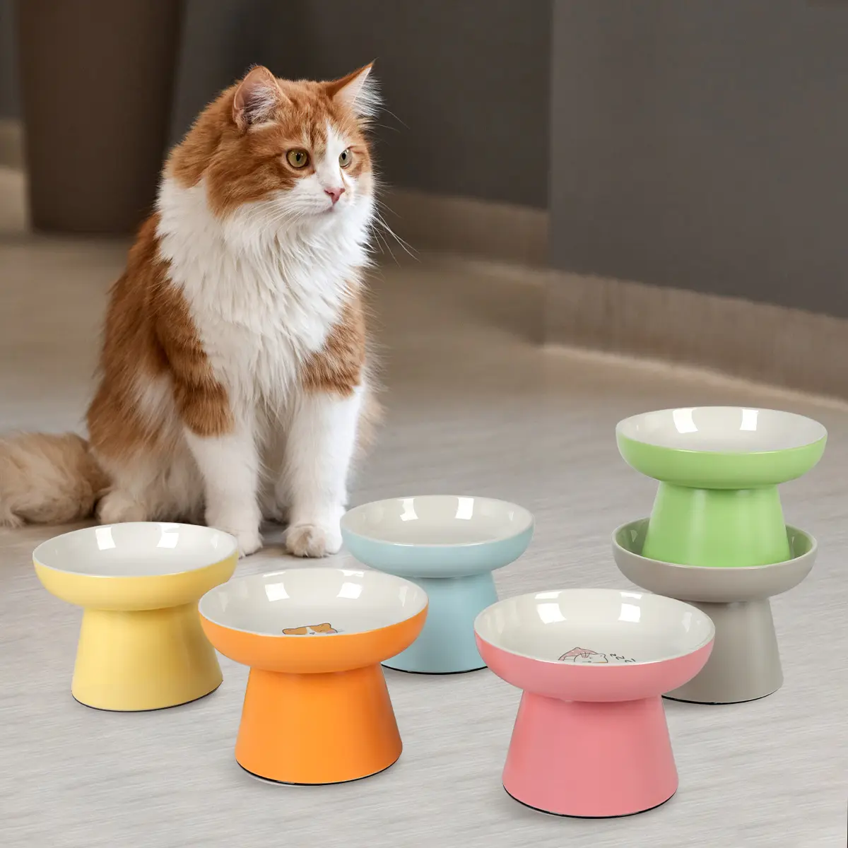 Elevated Cat Bowls for Cats & Small Pets, Ceramic Raised Cat Food Bowls, Whisker Friendly, Anti-Vomiting, Non-Slip, Anti-Tip, Microwave Dishwasher Safe