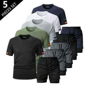Summer men's sports and leisure quick-dry short-sleeve shorts set, solid color short-sleeve sports top, breathable and comfortable sportswear, outdoor sportswear, jogging sportswear, suitable for outdoor activities; paired with quick-dry breathable ice si