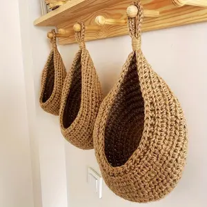 Set of 3 Handmade Cotton Rope Woven Storage Bags, Hanging Basket, Water Drop Design, Kitchen Organizer Accessories, Fruit & Vegetable Holder
