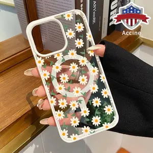 Romantic Daisies Pattern Magnetic Phone Case Supports Wireless Charging for iPhone 15 16 14 Pro Max 13 12 11 XR XS Plus Shockproof Non Slip Protection Silicone Transparent Acrylic Cover Cellphone Protective