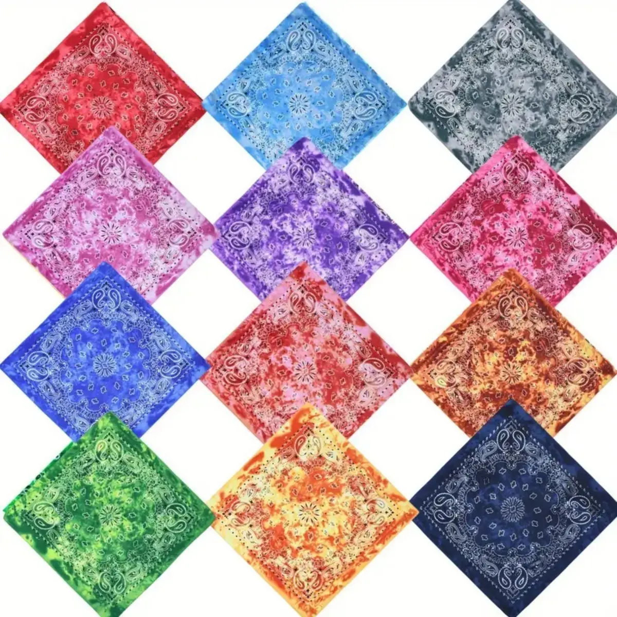 Unisex 12-Pack 22x22in Square Pure Cotton Scarves, Vibrant Tie Dye Paisley Print Breathable Bandanas for Outdoor Hiking, Bandana Skiing, Tennis Sun Protection