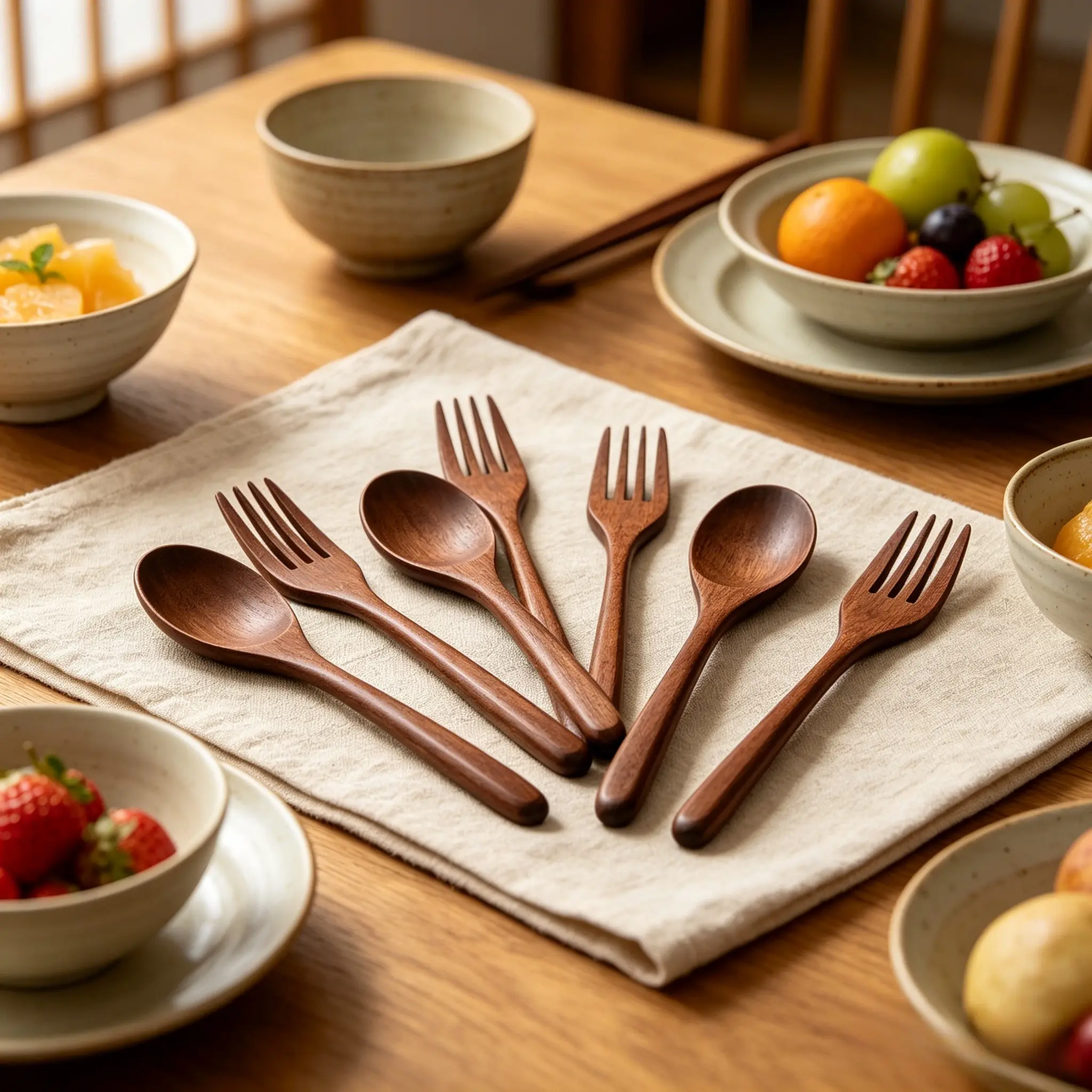 10-Piece Natural Wood Cutlery Set - Wooden Tableware Set, Reusable Handmade Kitchen Dining Utensils, Tableware Spoons and Forks for Home Eating, Cooking