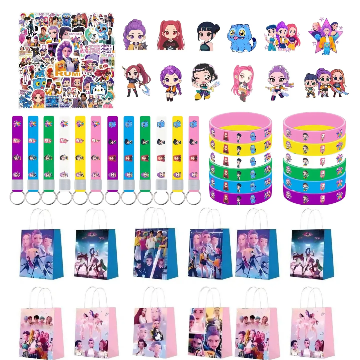 Korean cartoon girl group series children's party surprise gift set of five pieces, including 12 bracelets, 12 keychains, 12 gift bags, 50 fridge stickers, and 12 badges, allowing everyone to immerse themselves in the party Party Favors Party Supplies