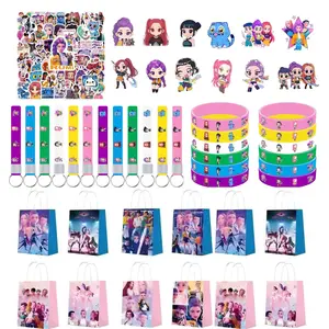 Korean cartoon girl group series children's party surprise gift set of five pieces, including 12 bracelets, 12 keychains, 12 gift bags, 50 fridge stickers, and 12 badges, allowing everyone to immerse themselves in the party