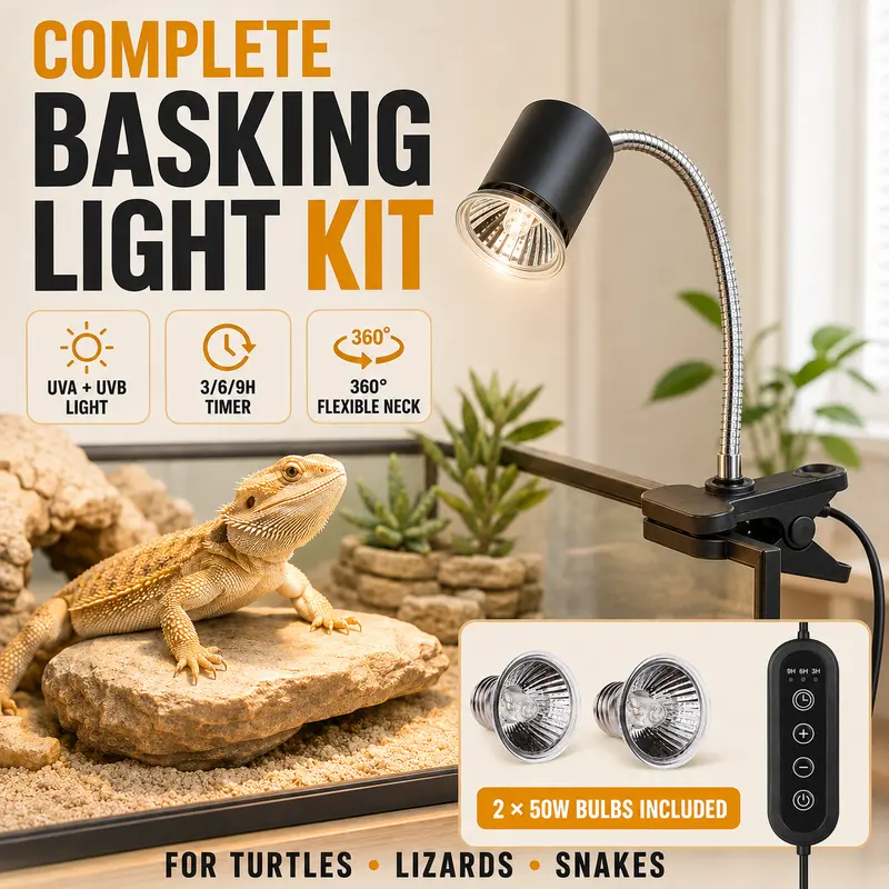 Reptile UVA+UVB Full Spectrum Basking Light - 2/4/8H Timer, 360° Rotatable Adjustable Neck, Ceramic Heat-Resistant E27 Socket, 25W/50W Dimmable Bulb, Black and White Model for Tortoises/Snakes, Bearded Dragons’ Indoor Habitats (Supports Bone Health)