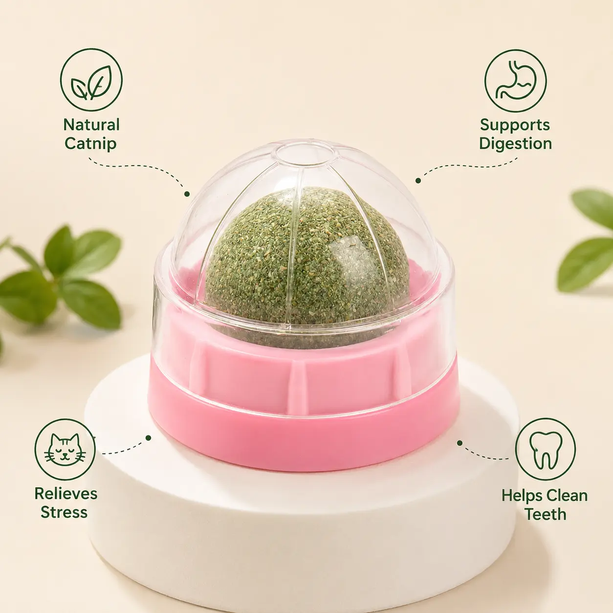 Suction Cup Mounted Catnip Ball Toy with Built-In Suction Base & Dust Cover, Gentle Grinding Effect Indoor Play Toy for Indoor Cats, Helps Clean Teeth (1 Count), Rotating Ball
