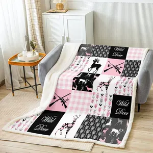 Feelyou Camo Antler Flannel Fleece Throw Blanket - 50"x60" Soft Cozy Stylish Pink Plaid Buffalo Plush, Deer Hunting Farmhouse Cabin Print Sherpa, Flannel Fleece Blankets, Soft Cozy Blanket