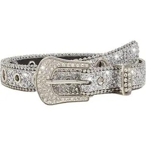 Silver Rhinestone Belt Western Cowgirl Cowboy Belts Vintage Bling Crystal Studded Leather Belt for Jean for 27-39" gold buckle