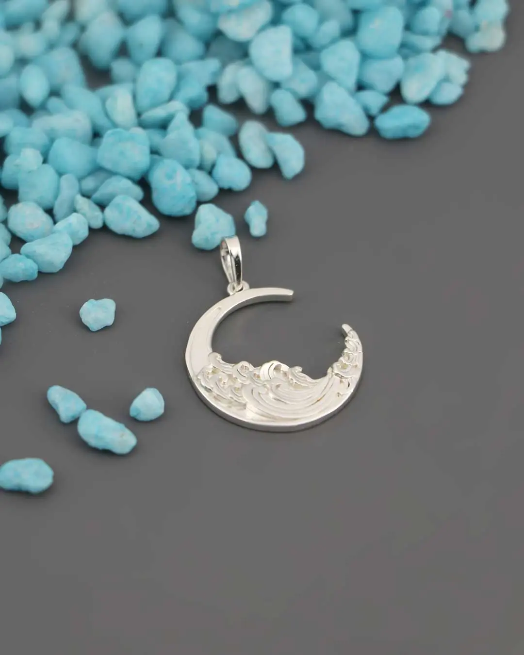 Sterling Silver Crescent Moon and Ocean Wave Pendant – Symbol of Intuition and Life's Flow
